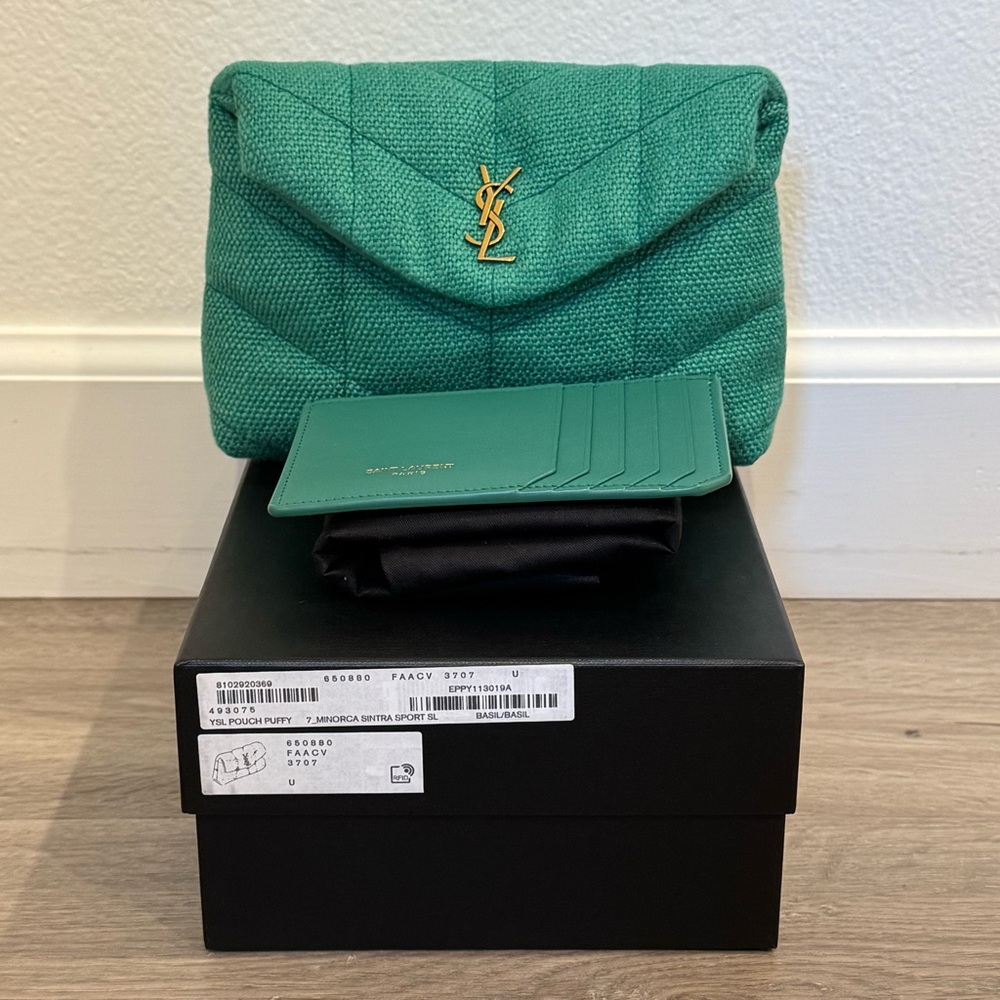 Saint Laurent Denim Quilted Loulou Puffer Monogram Pouch Clutch in Basil color